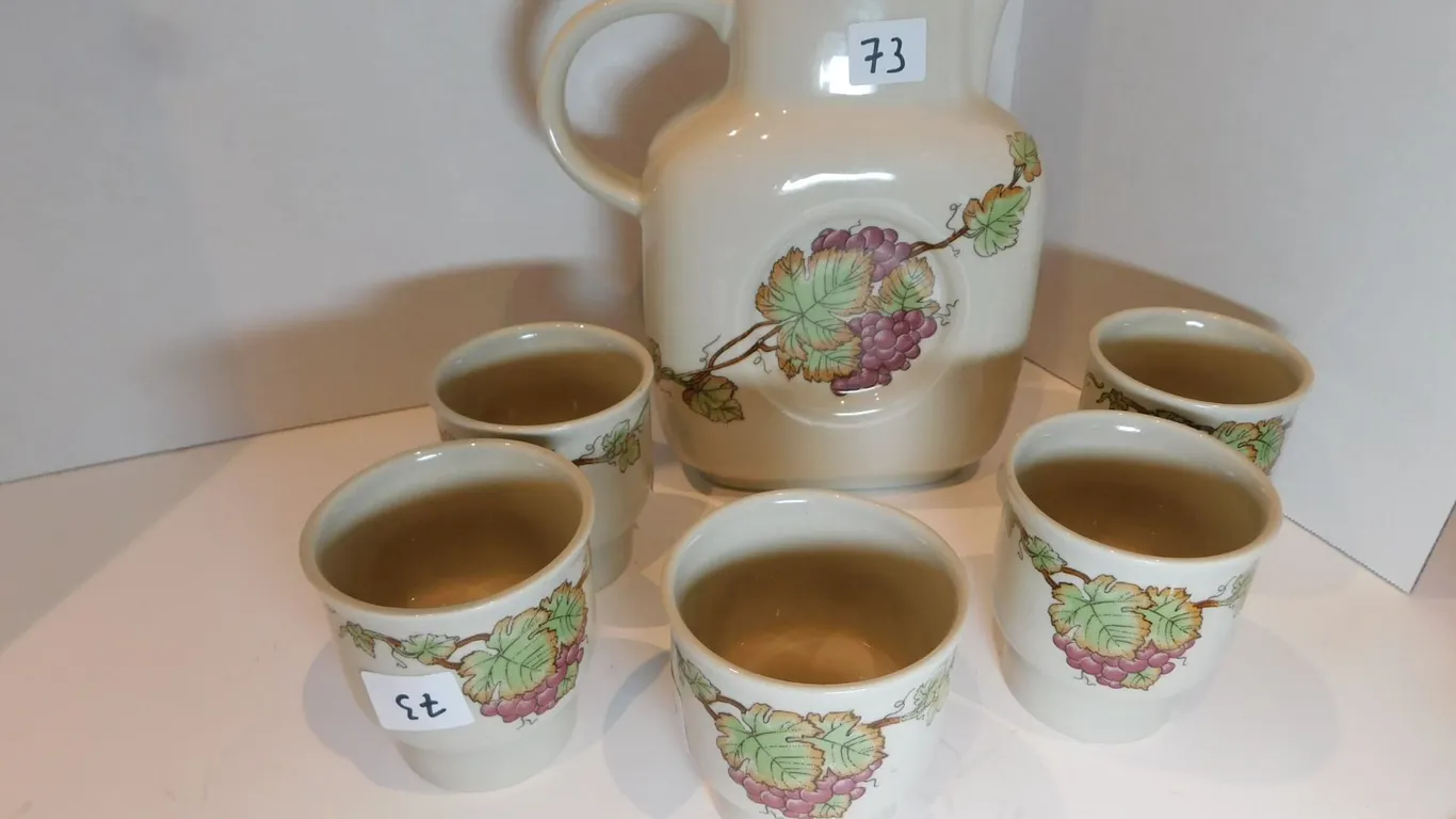 EAST GERMAN CERAMIC PITCHER AND FIVE CUPS