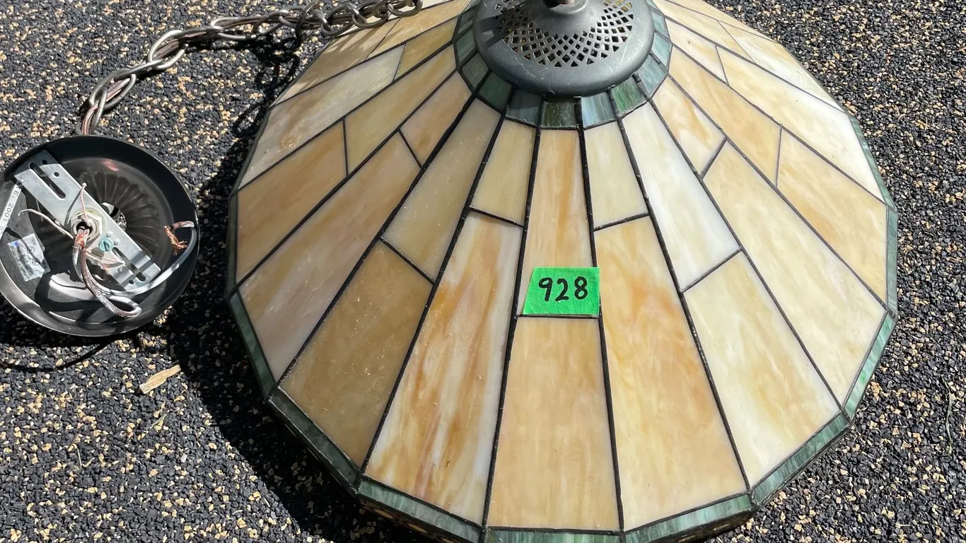Vintage Tiffany-Style Stained-Glass Hanging Ceiling Lamp. Cream & Amber Panels. 16.5” wide