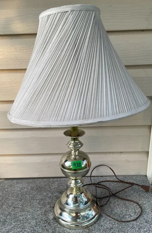 Vintage Polished Metal Finish Table Lamp w/ Pleated Fabric Shade