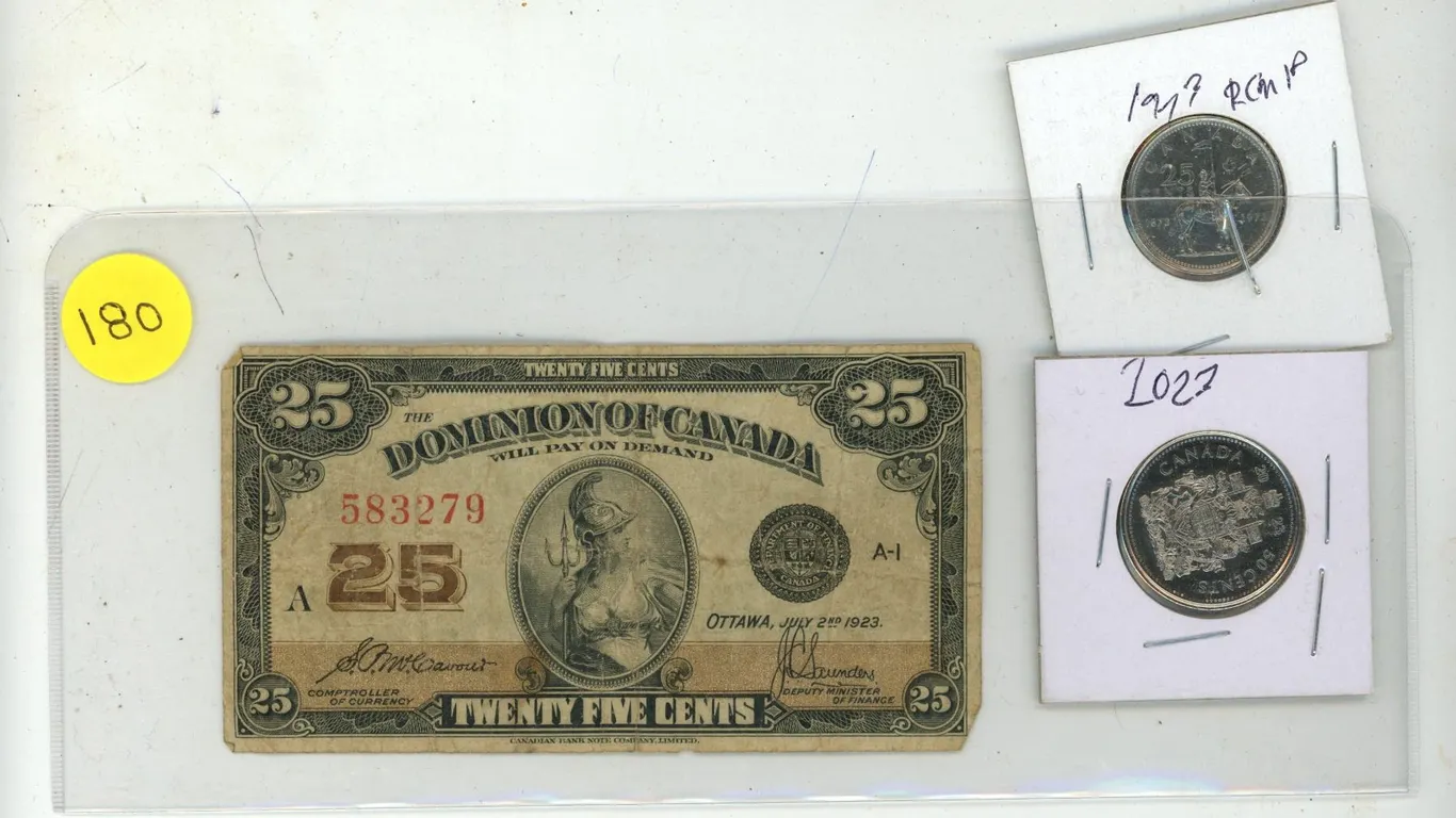 1924 Dominion of Canada 25 Cents Shinplaster, 1973 Canada 25 Cents and 2023 Canada 50 Cents.