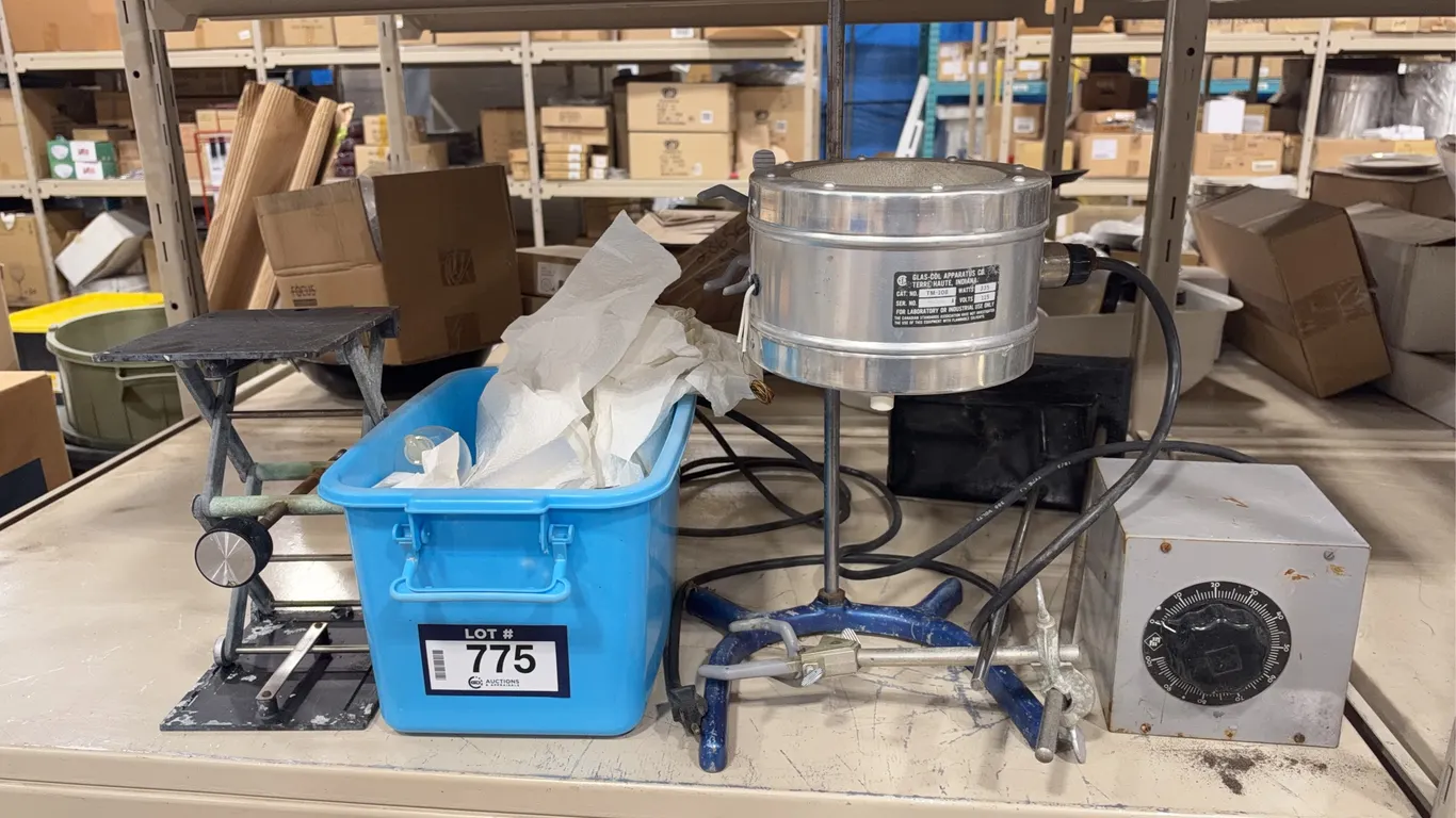 Lot of Asst. Glas-Col TM108 1L Heating Mantle w/ Controller, Glassware, Stand, Etc.