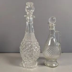Pair of Clear Glass Diamond Pattern Decanters/Bottles with Stoppers