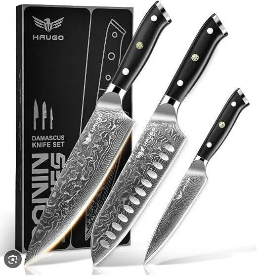 Haugo Ronin Damascus Knife Set 3pc G10 Handle