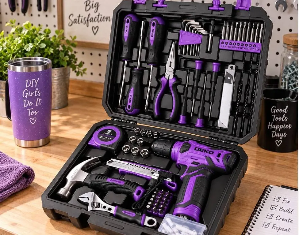 DEKOPRO Tool Set: Tool Kit with 8V Cordless Drill, Hand Toolbox with Storage case, Tool Set for Home