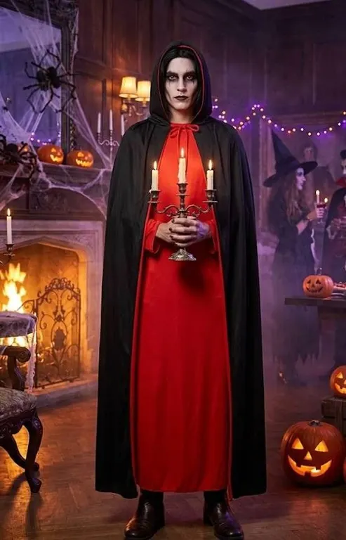 Reversible Black and Red Hooded Costume Cape