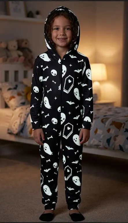Children's Black Halloween Print Hooded Onesie 8-10