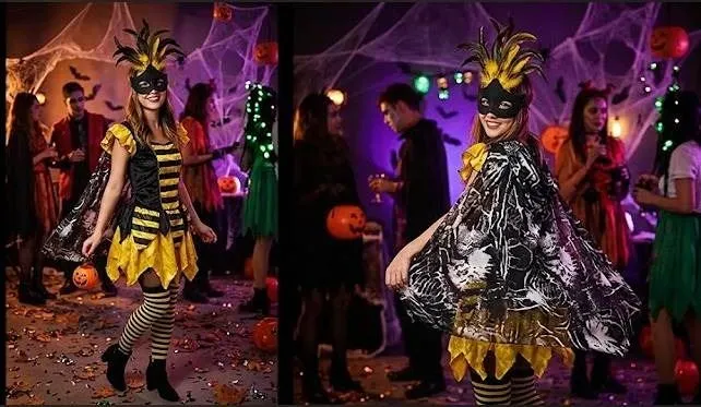 Bee Costume Dress and Feather Masquerade Mask