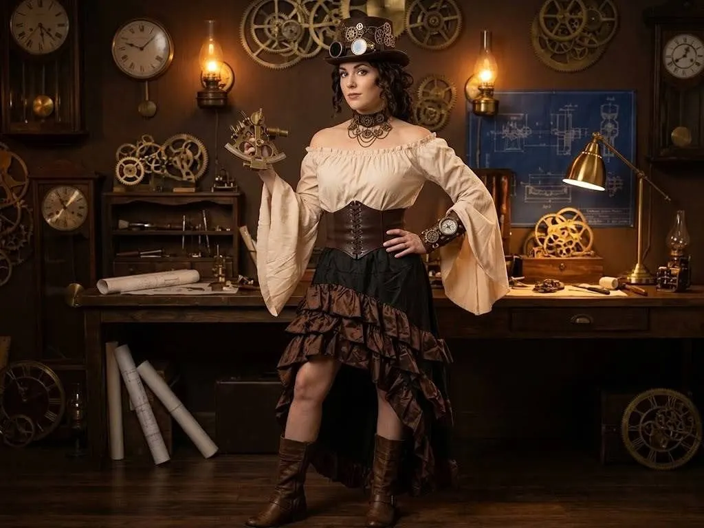 Women’s Steampunk Costume Top, Skirt and Corset