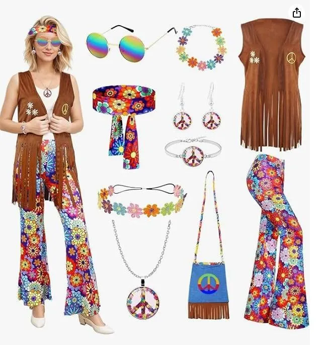 70s Fancy Dress Women,Hippie Costume with Fringe Vest Flared Pants,1970s Retro Hippie Outfit for Car