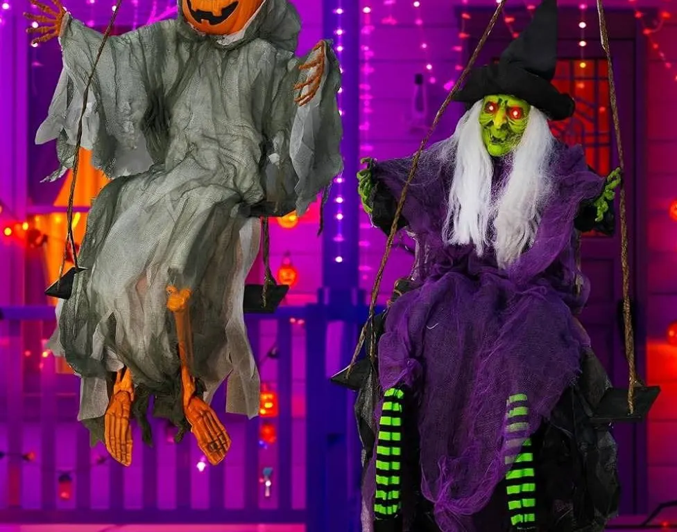 2 Pack Light Up Halloween Hanging Witch and Pumpkin with Lighted Eyes, 4ft Swinging Pumpkin Face Gho