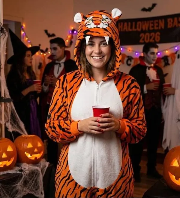 Adult Large Tiger Print Hooded Onesie Costume