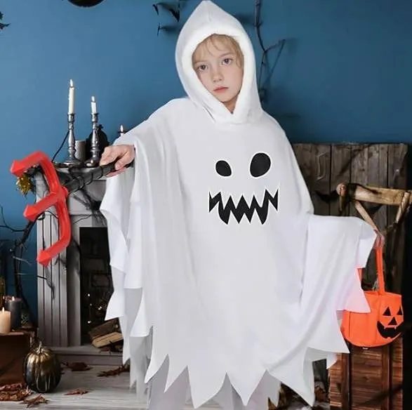 White Ghost Cloak Halloween Costume With Hood And Props Size L
