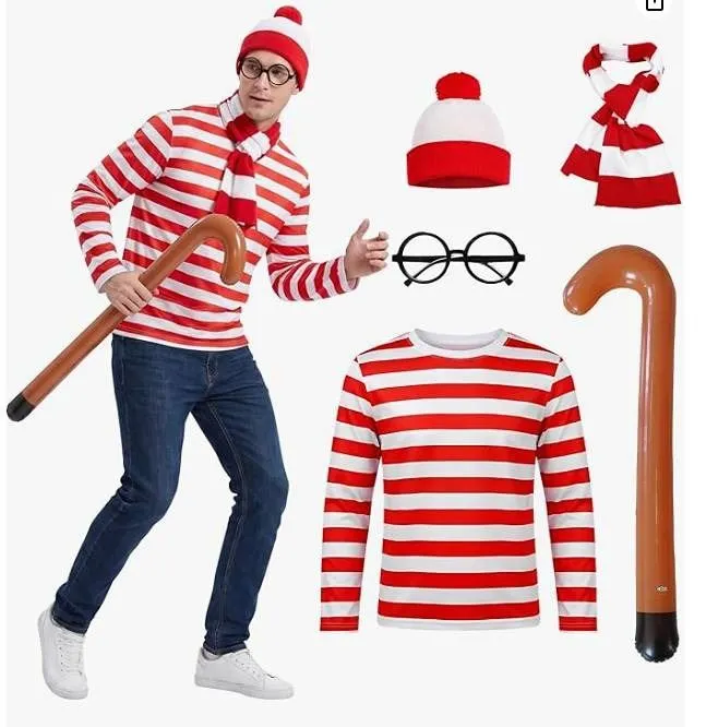 JIUHKQK Where's Waldo Red White Costume Set XL
