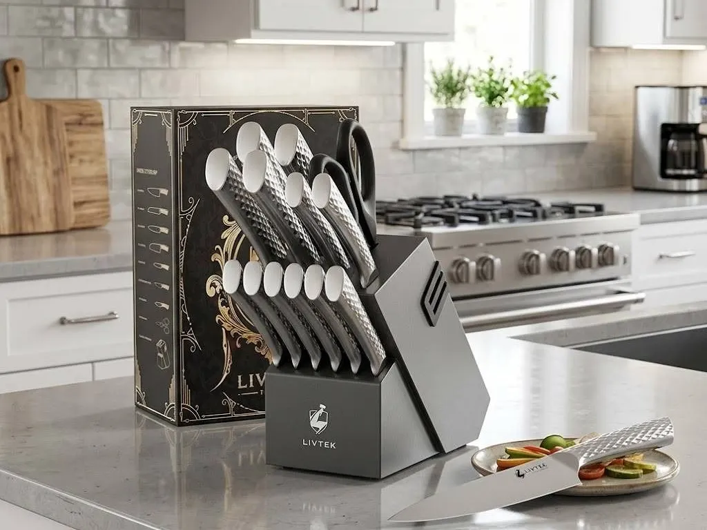 LIVTEK Milky Way 15-Piece Set German High-Carbon Stainless Steel with Built-in Sharpener - Full Tang