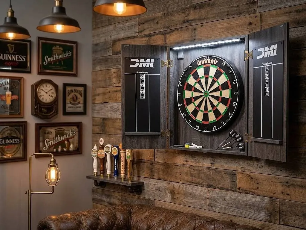Light up Dartboard Cabinet Set Grey 22x20x4in **Dart board not included**