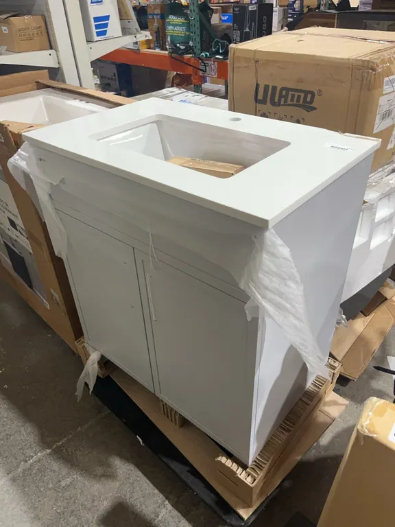 White Bathroom Vanity 29x18.5x35in, Damaged Top