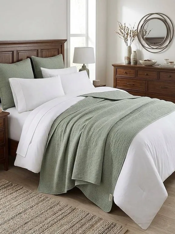 Evergrace Cotton Ribbed Coverlet Set Green