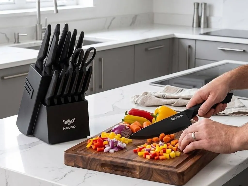 Haugo Panther 15 PCS Kitchen Knife Set with Built in Sharpener - Dishwasher Safe High Carbon Stainle