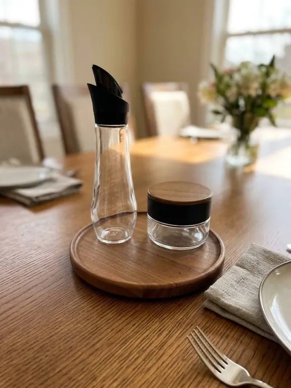 Glass Oil Bottle, Spice Jar and Wooden Tray Set