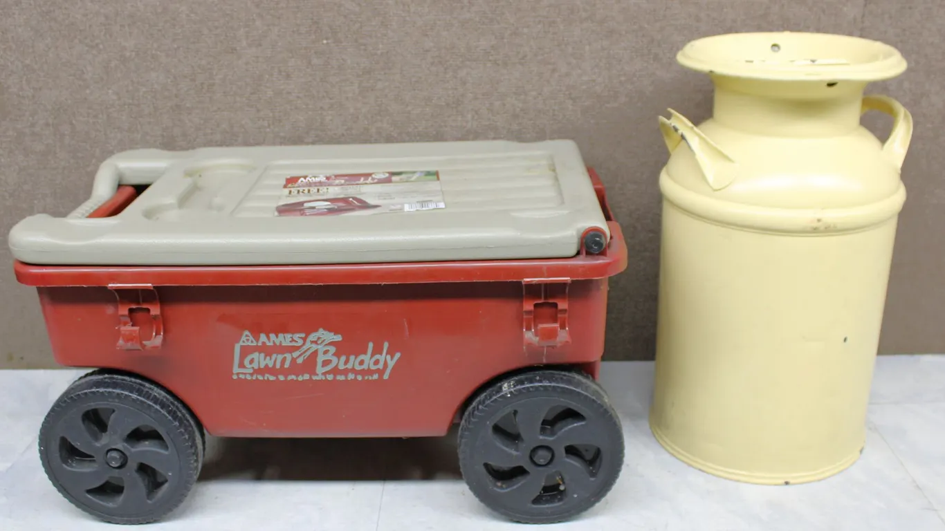 Ames Lawn Buddy Cart and Yellow Milk Can