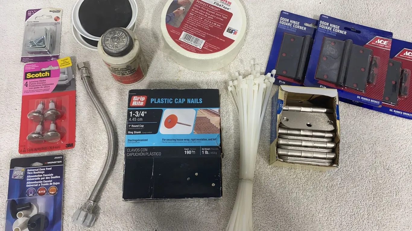 Assorted Hardware, Hinges, Fasteners & Fiberglass Supplies