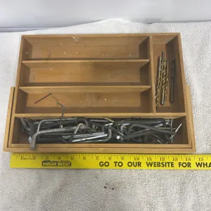 Assorted Allen Wrenches, Hex Keys & Drill Bits in Wooden Organizer
