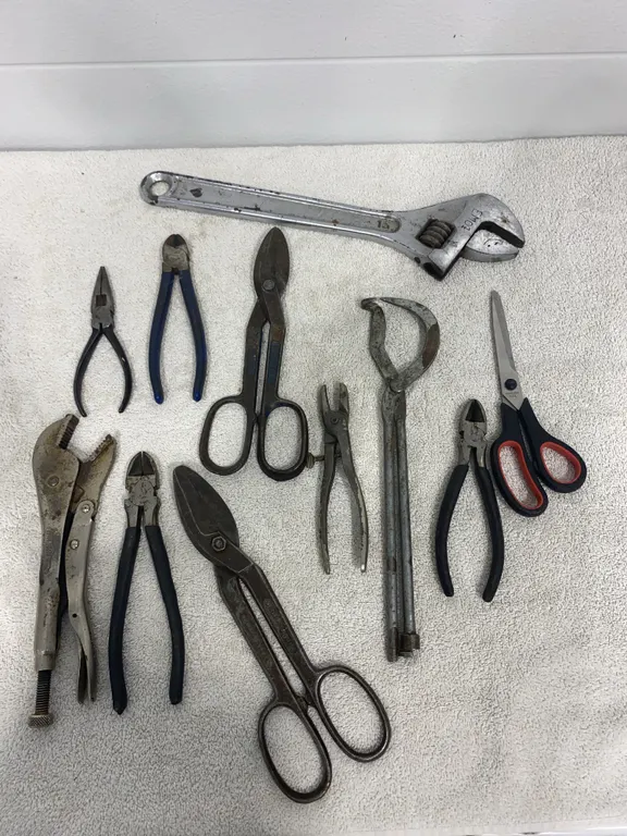 Assorted Hand Tools – Pliers, Tin Snips, Wrench & Scissors
