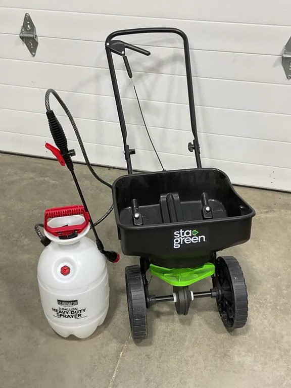 Sta-Green Broadcast Lawn Spreader and Fimco Pump Sprayer