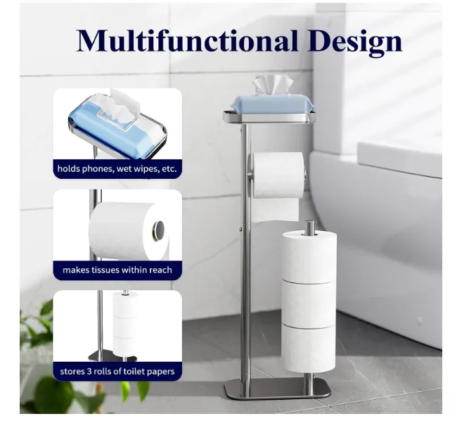 Kitsure Metal Toilet Paper Holder Free Standing, Medium, Chrome Silver New