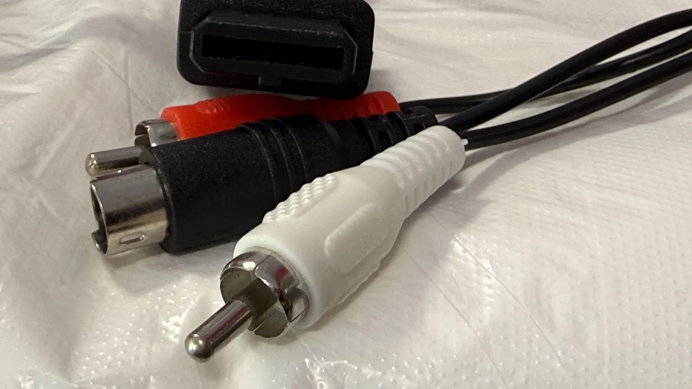 Retro Gaming A/V Cable with a Multi-Out Connector, an S-Video Connector, and Red and White RCA audi