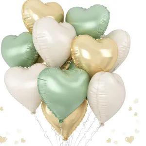 Sage Green, Gold, Pink, Blue Heart Balloons, 12PCS Green Gold Heart Shaped Foil Balloons, 18Inch Gre