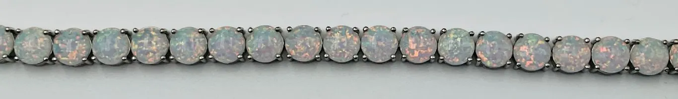 Silver Toned Lab Created White Opal Tennis Bracelet 7" with Round Cabochon Stones