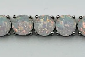 Silver Toned Lab Created White Opal Tennis Bracelet 7" with Round Cabochon Stones
