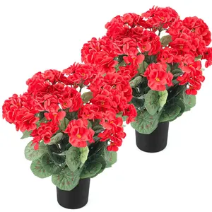 2Pcs Geranium Potted Artificial Flowers in Pots, Faux Outdoor Plants Realistic Geranium, Decorative