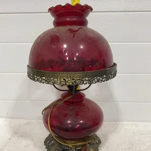 Vintage Ruby Red Glass Hurricane Parlor Table Lamp