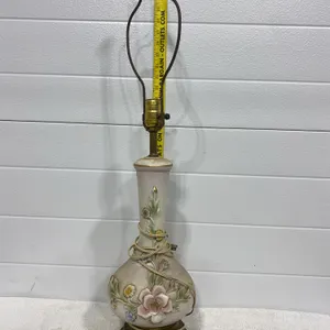 Vintage Hand-Painted Floral Porcelain Table Lamp with Ornate Brass Base