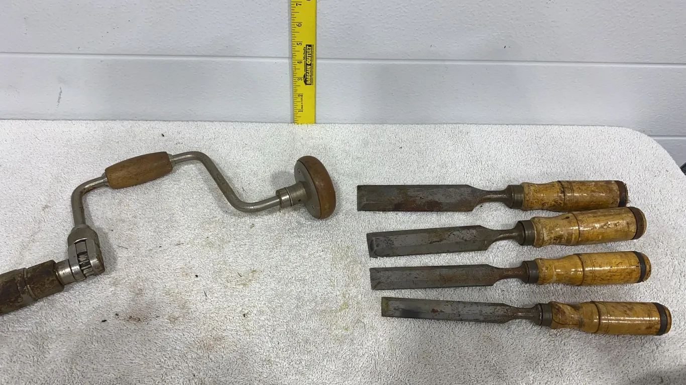 Vintage Hand Brace Drill & Wooden Handle Chisels Carpentry Lot