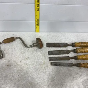 Vintage Hand Brace Drill & Wooden Handle Chisels Carpentry Lot