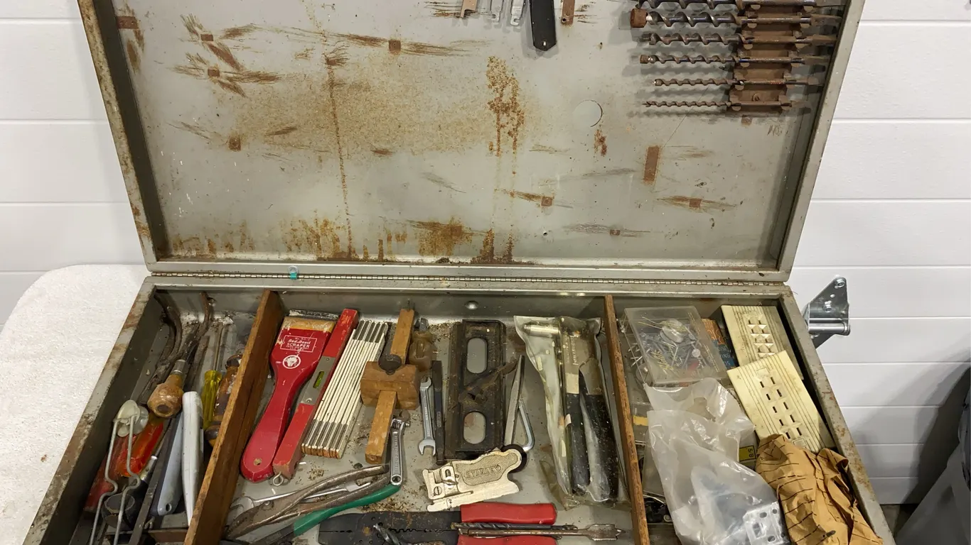Vintage Machinist Metal Toolbox with Comprehensive Tool Assortment