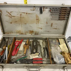 Vintage Machinist Metal Toolbox with Comprehensive Tool Assortment