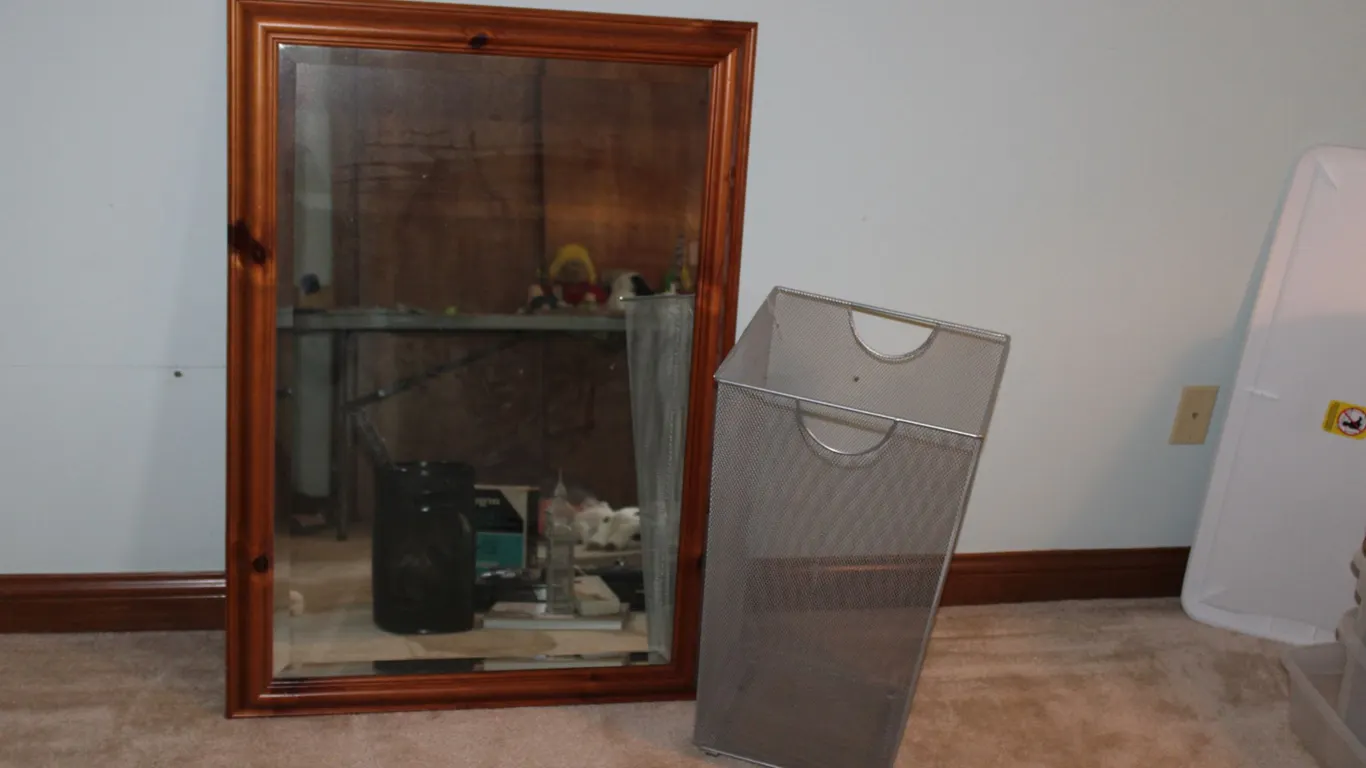 Wood Framed Mirror & Mesh Hamper