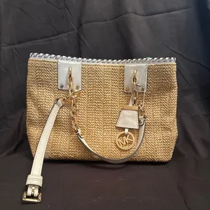 Michael Kors Straw and Leather Tote Bag with Gold-Tone Hardware