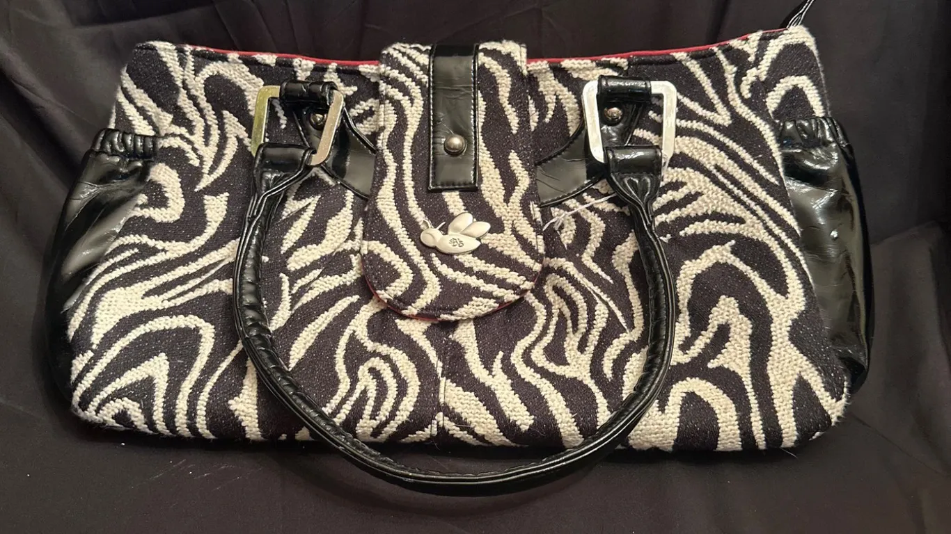 B's Signature Black and White Zebra Print Handbag with Patent Leather Details