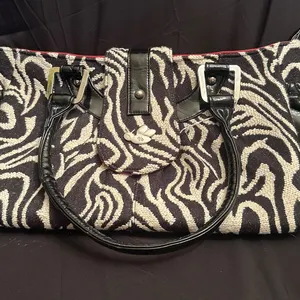 B's Signature Black and White Zebra Print Handbag with Patent Leather Details