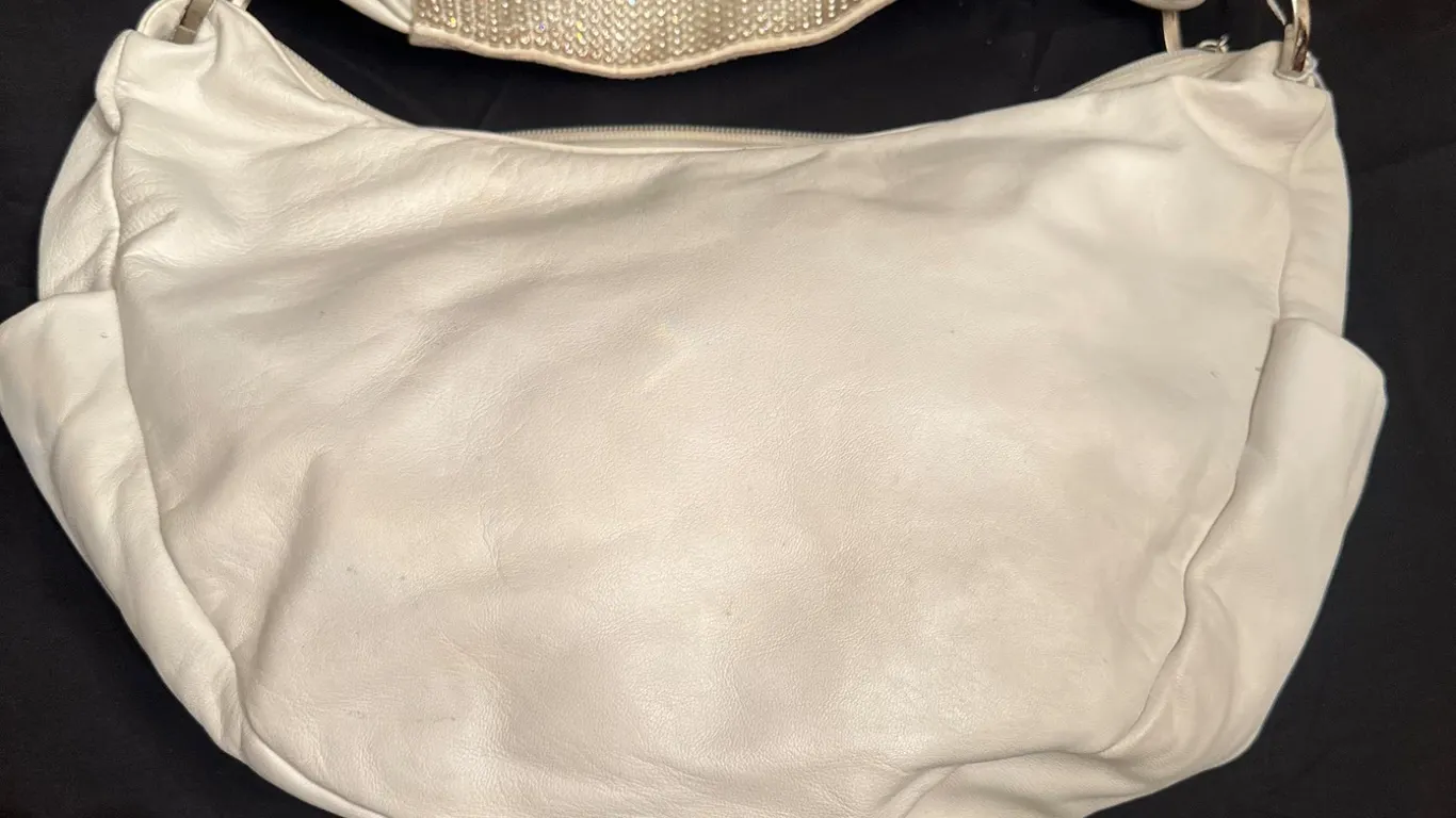 White DXTouch Handbag with Rhinestone Accents and Textured Details