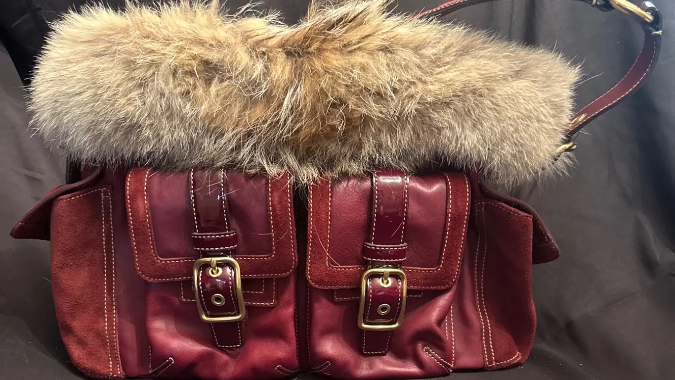 Coach Burgundy Leather and Fur-Trimmed Shoulder Bag