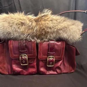 Coach Burgundy Leather and Fur-Trimmed Shoulder Bag