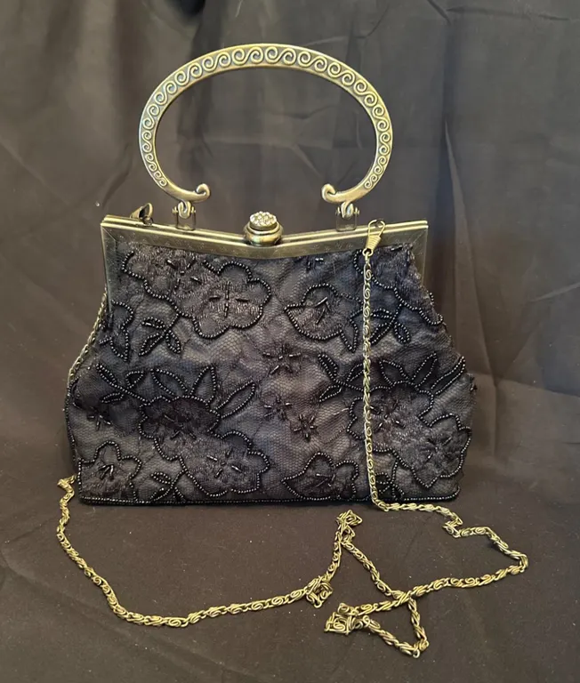 Vintage Black Beaded and Lace Handbag With Decorative Metal Handle