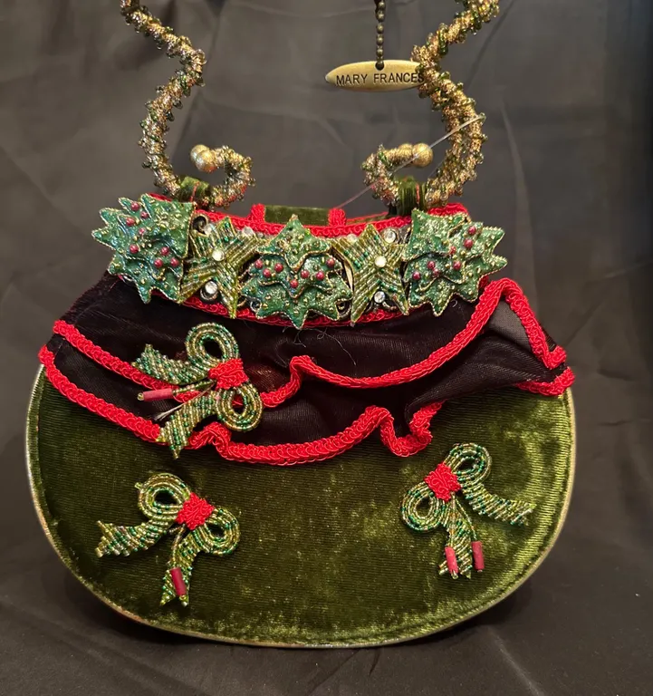 Mary Frances Green And Red Velvet Holiday-Themed Handbag With Star Handle