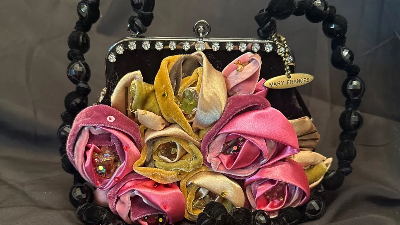 Mary Frances Floral Handbag With Beading and Velvet Detail